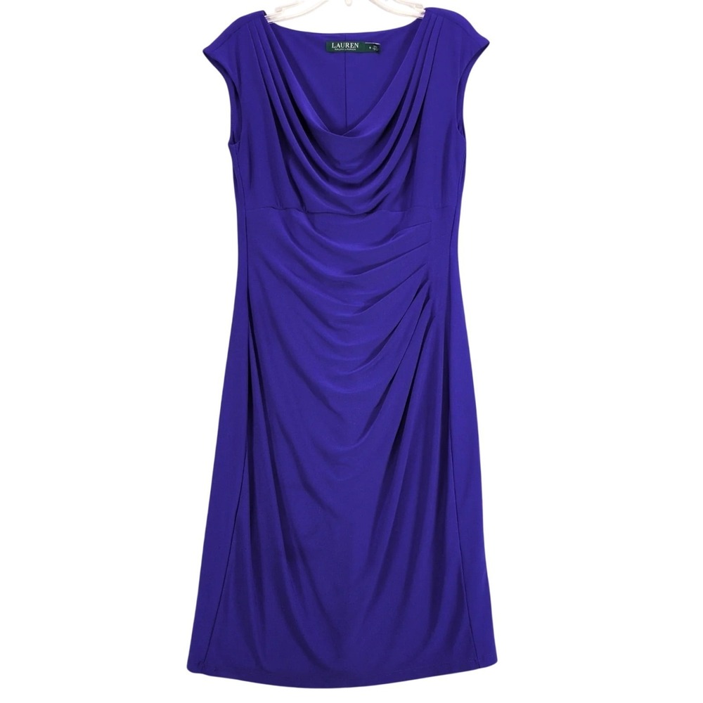 LRL Ralph Lauren Purple Ruched Sheath Knee Length Dress Sz 6 Cowl Neck Cocktail